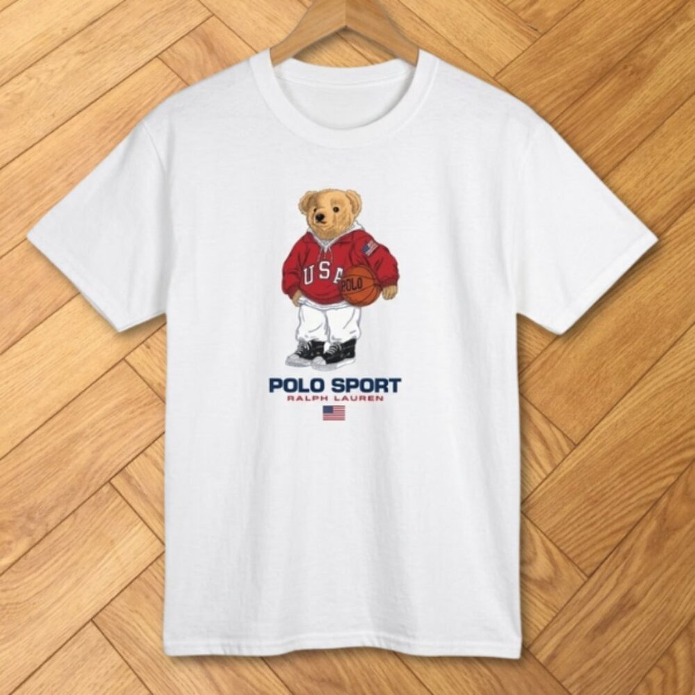 White Polo Bear Polo Sport Basketball Bear Graphic Tee Reprint